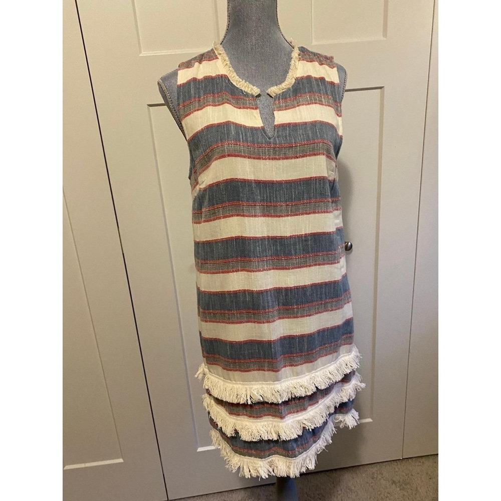 Chelsea & Theodore Dress 8 Stripes Fringe Cotton Sleeveless V Neck R2